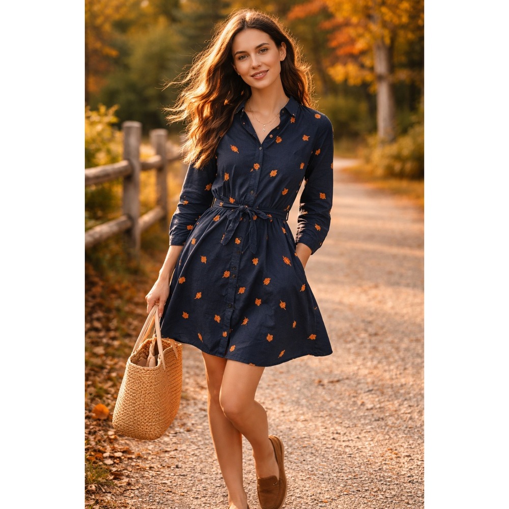 Kiel James Patrick Women's Cozy Cabin Flannel Dress Navy Leaf Embroidered- L